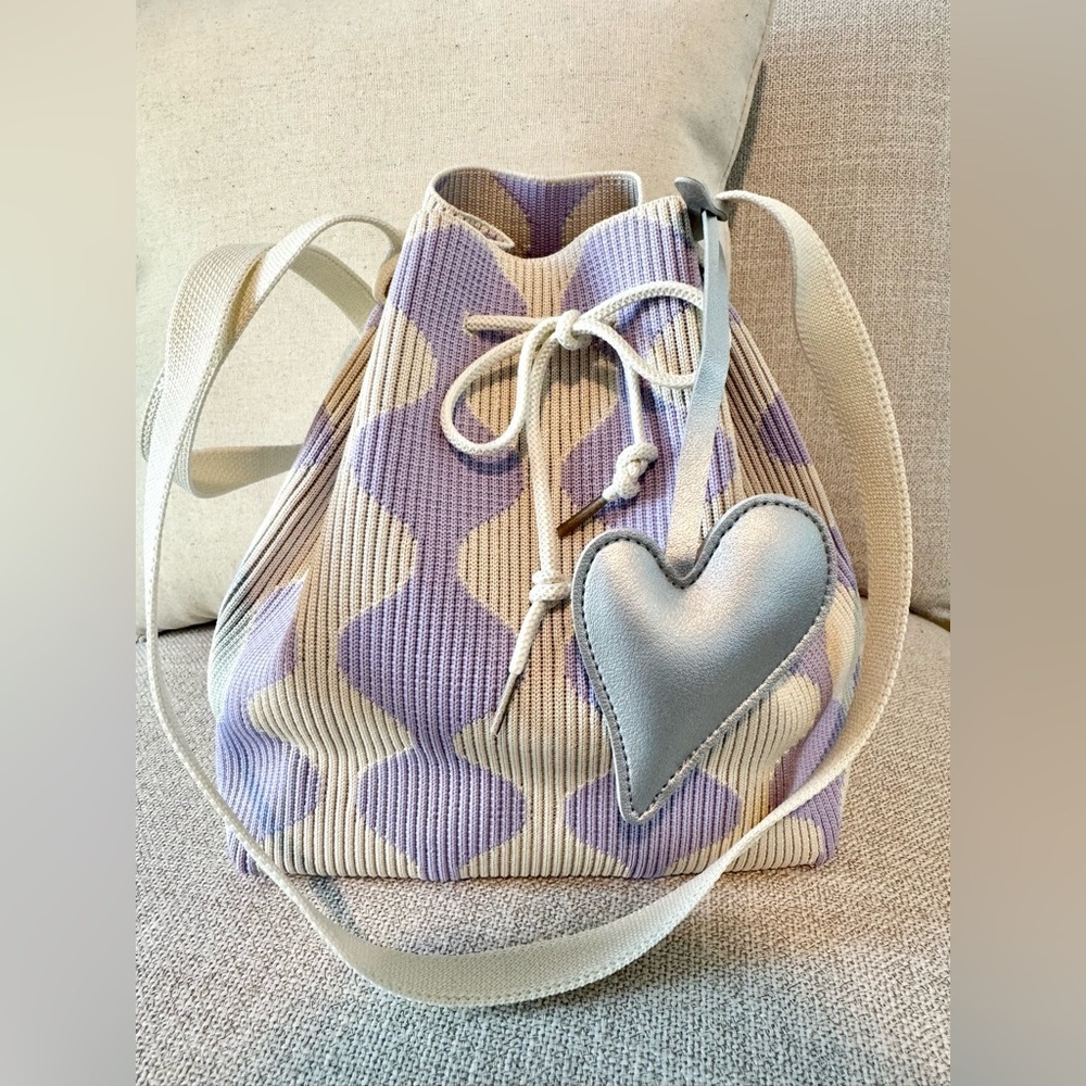 New 70s Vibe Purple & Cream Bucket Bag Handbag Purse w/ Heart Purse Charm